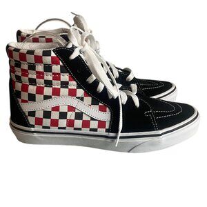 Vans Boys Size 6 High Top Skater Shoes Red Black Checkered Suede Sneakers Lace